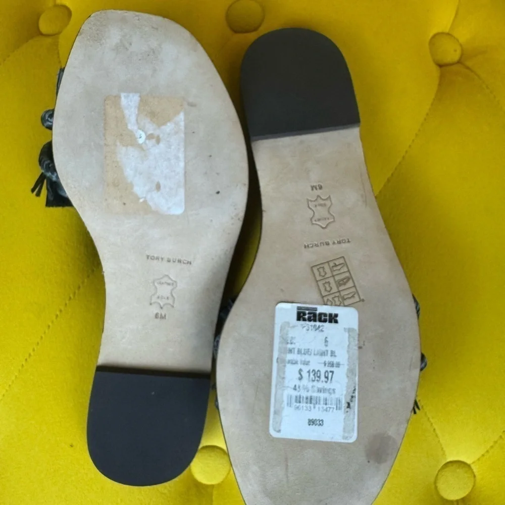 TORY BURCH Gray Leather Straw Flat Shoes Sandals Size 6